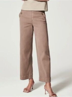 Spanx Stretch Twill Cropped Wide Leg Pant Button Side Pockets in Cedar Brown M